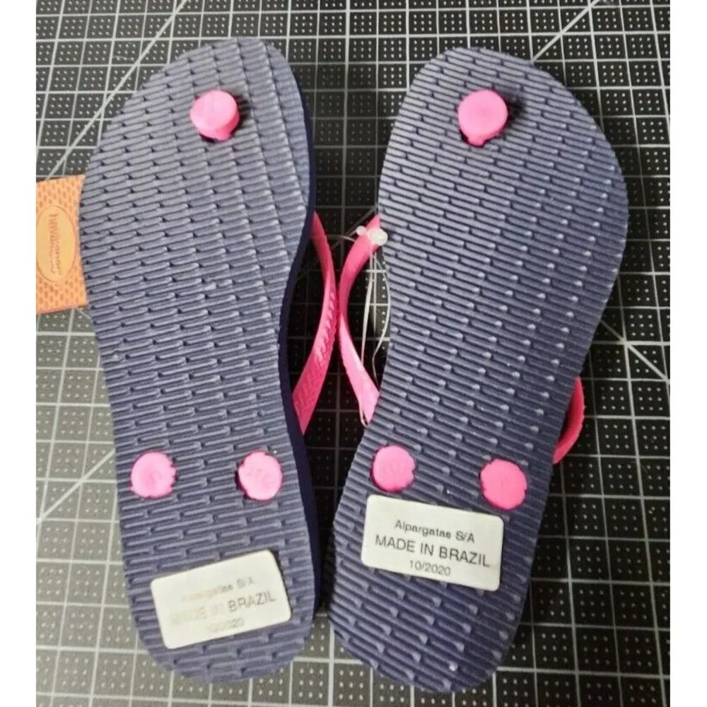 NWT Havaianas Brazil made Blue & Neon PInk Flip Flop kids 2Y/foot‎ 20.7- 21cm